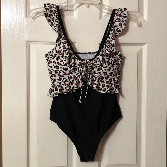 Shein Womens One Piece Swimsuit Size Medium Black with Leopard - Picture 1 of 12